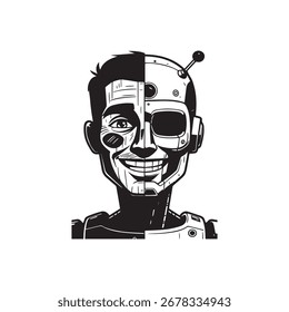 Half Human Half Robot Face Illustration – Futuristic Cyborg Concept Art