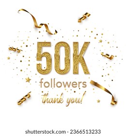 Half hundred thousand followers celebration square vector banner. Social media achievement poster. 50k followers thank you lettering. Golden sparkling confetti ribbons. Shiny gratitude text on white