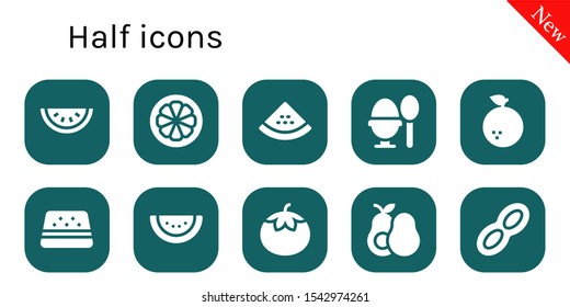 half icon set. 10 filled half icons.  Collection Of - Watermelon, Mangosteen, Boiled egg, Orange, Tomato, Avocado, Peanut icons