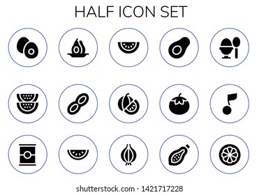 half icon set. 15 filled half icons.  Collection Of - Boiled egg, Watermelon, Avocado, Peanut, Tomato, Musical note, Onion, Papaya, Mangosteen