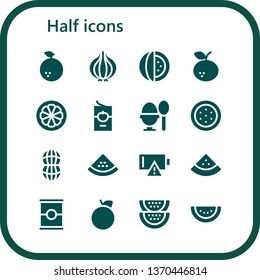 half icon set. 16 filled half icons.  Simple modern icons about  - Orange, Onion, Watermelon, Tangerine, Mangosteen, Tomato sauce, Boiled egg, Peanut, Empty battery, Tomato