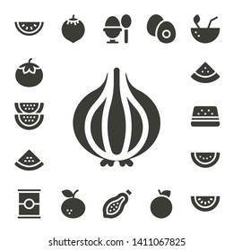 half icon set. 17 filled half icons.  Simple modern icons about  - Watermelon, Tomato, Onion, Coconut, Tangerine, Boiled egg, Papaya, Orange