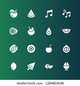 half icon set. Collection of 16 filled half icons included Boiled egg, Lemon, Watermelon, Pomegranate, Coconut, Tomato slice, Avocado, Music notes, Music note