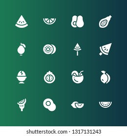half icon set. Collection of 16 filled half icons included Watermelon, Lemon, Avocado, Tomato, Coconut, Pomegranate, Boiled egg, Kiwi, Guava, Papaya