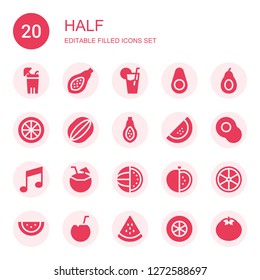half icon set. Collection of 20 filled half icons included Lemonade, Papaya, Avocado, Lemon, Watermelon, Music note, Coconut, Tomato, Tomato slice