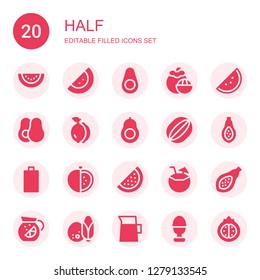 half icon set. Collection of 20 filled half icons included Watermelon, Avocado, Mangosteen, Lemon, Papaya, Empty battery, Tomato, Coconut, Lemonade, Boiled egg, Pomegranate