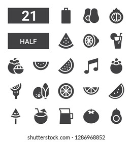 half icon set. Collection of 21 filled half icons included Avocado, Tomato, Lemonade, Coconut, Watermelon, Lemon, Mangosteen, Music note, Pomegranate, Empty battery