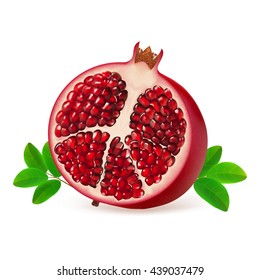 Half juicy pomegranate fruit with leaves isolated on white background. Realistic vector illustration.