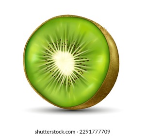 Half of kiwi concept. Summer fruit with vitamins. Vegetarian diet and proper nutrition. Dessert and delicacy. Poster or banner for website. Realistic 3D vector illustration