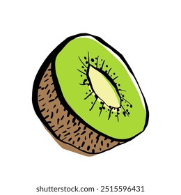 Half a kiwi doodle illustration, colored, sketch style, black line drawing, isolated on white background