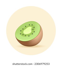 La mitad de kiwi como chiringuito o ingrediente ilustración 3D. Dibujo de caricatura de fruta exótica cortada dentro del círculo amarillo en un estilo 3D sobre fondo blanco. Alimentación sana, alimentos, dieta, concepto de nutrición