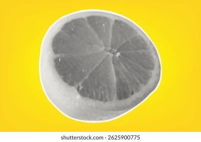 Half a lemon. Citrus tropical fruit with halftone texture. Sour raw fresh food. Isolated lemon on yellow background for modern art collage design. Vector paper cut element.