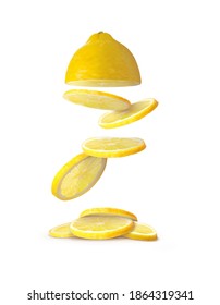 half lemon and falling slices of lemon on white background vector illustration