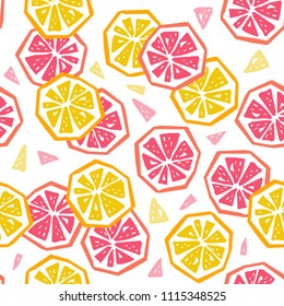 Half lemon and grapefruit seamless pattern. Stylized fruit geometric design