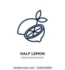 eine halbe Zitronensymbol aus der Bistro- und Restaurantkollektion. Dünne lineare HalbZitrone, Hälfte, Skizze einzeln auf weißem Hintergrund. Halbwertszeichen der Linie, Vektorhalbmon, Symbol für Web und Mobilfunk
