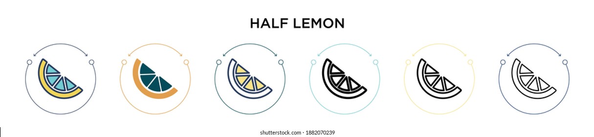 Half lemon icon in filled, thin line, outline and stroke style. Vector illustration of two colored and black half lemon vector icons designs can be used for mobile, ui, web