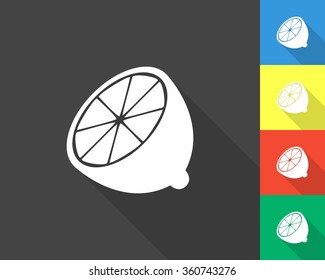 half of lemon icon - gray and colored (blue, yellow, red, green) vector illustration with long shadow