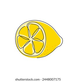 Half a lemon isolated on white. Abstract doodle line drawn illustration. Fresh juicy cut cirus. Design element