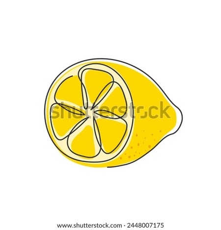 Half a lemon isolated on white. Abstract doodle line drawn illustration. Fresh juicy cut cirus. Design element