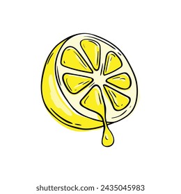 Half a lemon. Lemon juice. Culinary ingredient. Bright hand drawn vector illustration isolated on white background.