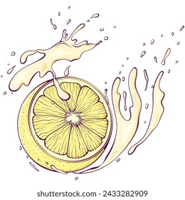 Half a lemon with juice splash. Liquid drops. Vector illustration in hand drawn cartoon style. Close up sour fruit ingredient for fresh juice isolated on white