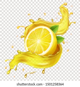 Half of a lemon, juicy slice of fruit in realistic juice splash 3d illustration.