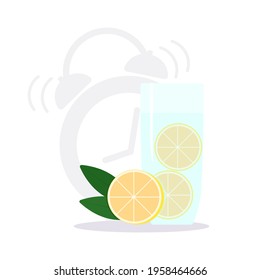 Half a lemon next to a glass of water on the background of the alarm clock. Vector illustration.