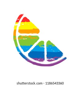 Half lemon or orange. Simple icon. Drawing sign with LGBT style, seven colors of rainbow (red, orange, yellow, green, blue, indigo, violet