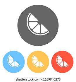 Half lemon or orange. Simple icon. Set of white icons on colored circles
