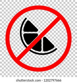 Half lemon or orange. Simple icon. Not allowed, black object in red warning sign with transparent background