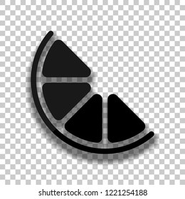 Half lemon or orange. Simple icon. Black glass icon with soft shadow on transparent background