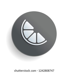 Half lemon or orange. Simple icon. White paper symbol on gray round button or badge with shadow