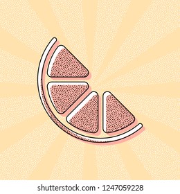 Half lemon or orange. Simple icon. Vintage retro typography with offset printing effect. Dots poster with comics pop art background