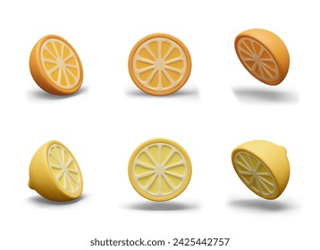 Half of lemon and orange, view from different sides. Cut citrus fruits