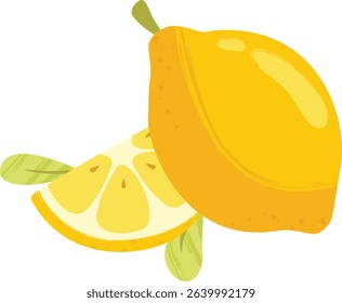 Half Lemon and Lemon Slice with Leaves – Colorfull Fruit Flat Vector Illustration - Healthy Vegan Lemonade