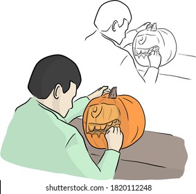 vista de media longitud hacia atrás de la calabaza de tallado de hombre para la ilustración vectorial de Halloween boceto mano dibujado con líneas negras aisladas en fondo blanco