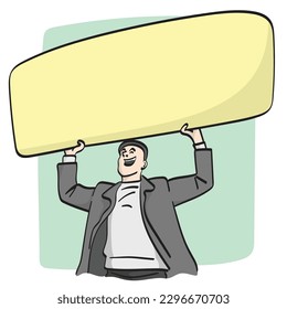 half length businessman holding big blank yellow sign over his head illustration vector hand drawn isolated on white background line art. 