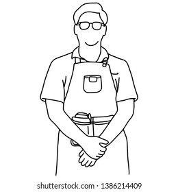 half length of male waiter standing vector illustration sketch doodle hand drawn with black lines isolated on white background
