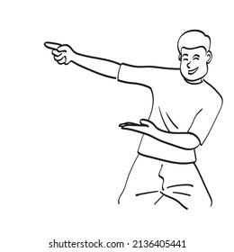 half length man presenting with copy space illustration vector hand drawn isolated on white background line art.