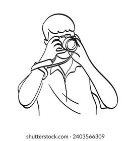 media longitud del hombre que toma una foto con la imagen de la cámara dslr de la mano del vector dibujado aislado en el fondo blanco