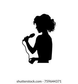 Half length portrait, figure of beautiful woman singing with microphone, black vector silhouette isolated on white background. Black silhouette of beautiful singing woman, girl