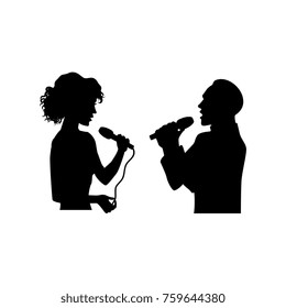 Half length portrait, figures of man and woman singing with microphones, black vector silhouette isolated on white background. Black silhouettes of man and woman singing together