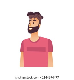 Half length portrait of young bearded man with short brown hair and smile on face isolated on white background - cartoon male character in red t-short in vector illustration.
