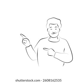 half length of smiling man pointing with two hands and fingers illustration vector hand drawn with black lines isolated on white background.