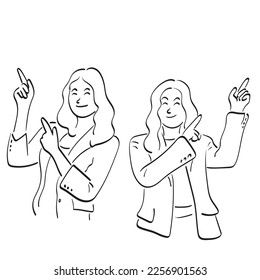 half length of two businesswomen pointing up to copy space illustration vector hand drawn isolated on white background line art.