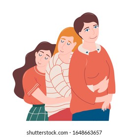 Half length, waist portrait of two young women hugging each other and their mom, feeling happy. mother and daughter love. flat style vector illustration on white background. Daughters hug mom