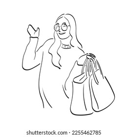 half length of woman with glasses presenting on blank space with handbag in her hand illustration vector hand drawn isolated on white background line art.