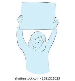 half length of woman holding big sign over her head illustration vector hand drawn with black lines isolated on white background