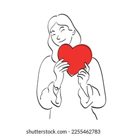 half length woman holding red heart illustration vector hand drawn isolated white background line art 