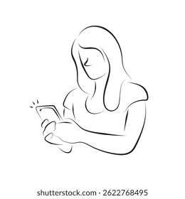 half length of woman using her cellphone illustration vector hand drawn with black lines isolated on white background.